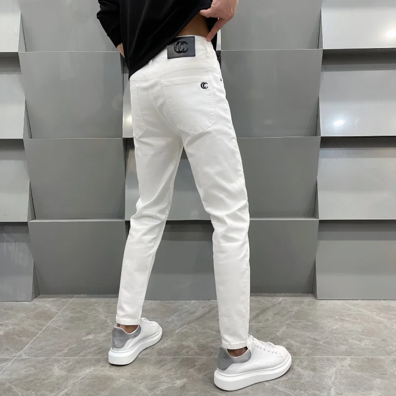 White jeans men's summer thin light luxury fashionable all-match stretch slim fit skinny tight pants men's solid color pants