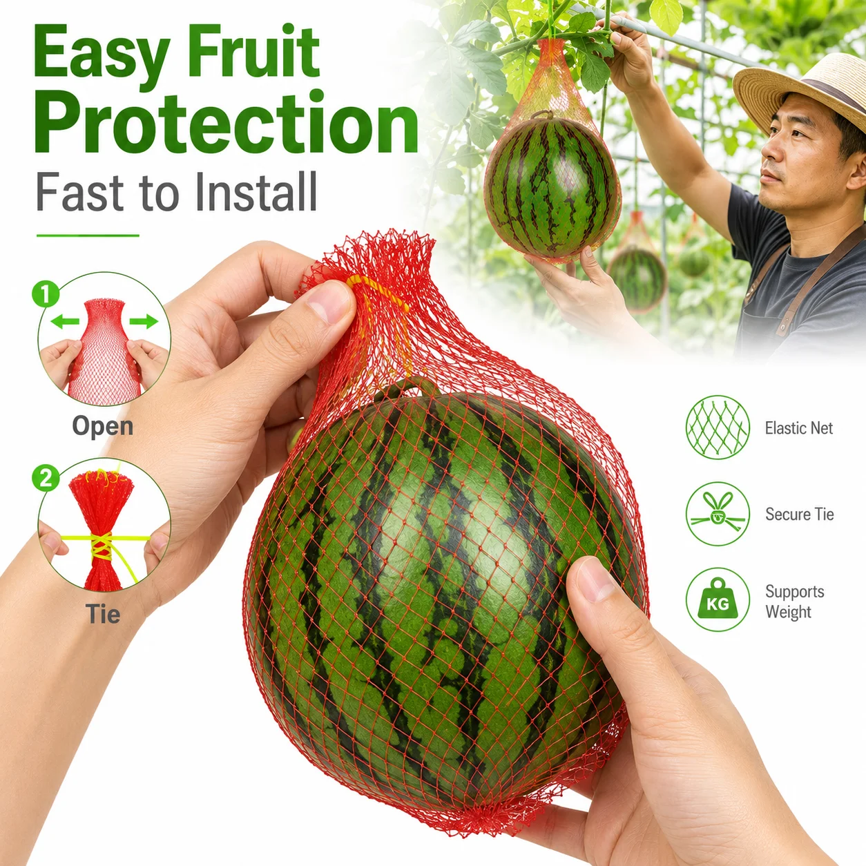 Heavy Duty Plastic Garden Netting Watermelon Support Hammock with Straps for Vertical Planting Trellis Vine Growing Care Use