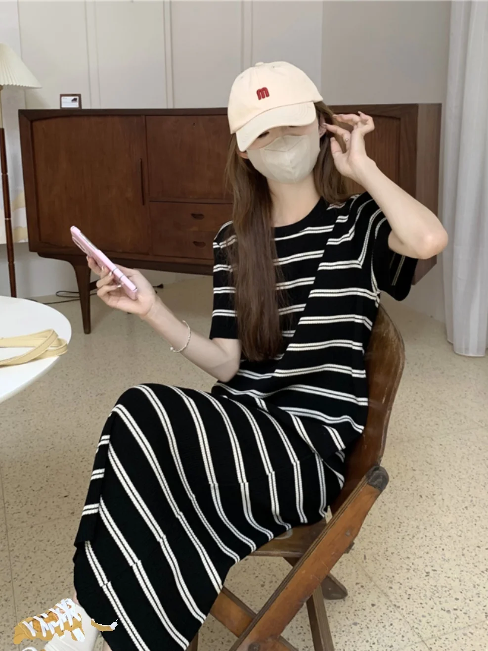 

Summer New Style Women's Loose Knitted Long Dress Retro Striped Color Block Straight Tube Knit Knee-Covering Maxi Dress