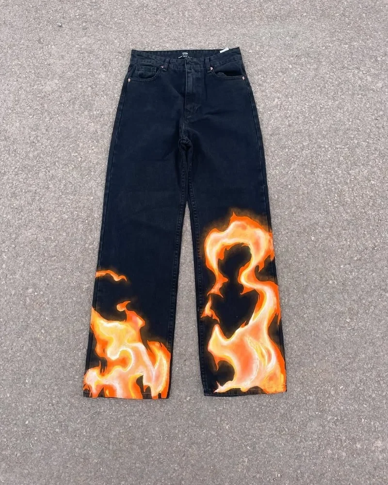 

Классические модные брюки с пламенным принтом, мужские Y2k, готические, хип-хоп, рок-панк, свободные индивидуальные джинсы с высокой талией, женские джинсы большого размера