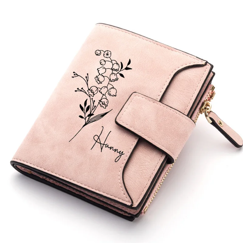 Personalisierte Damen-Geldbörse aus Leder mit Namen, Geburtsblumen-Design, Schlüsselverschluss, schmalem Münzfach und Kartenhaltern – Detail 4