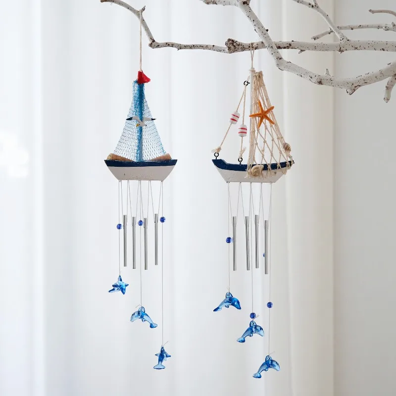 Creative Wind Chime Boat Dolphin Shaped Home Sailboat Model Decoration Wooden Living Room Bedroom Decoration Birthday Gift