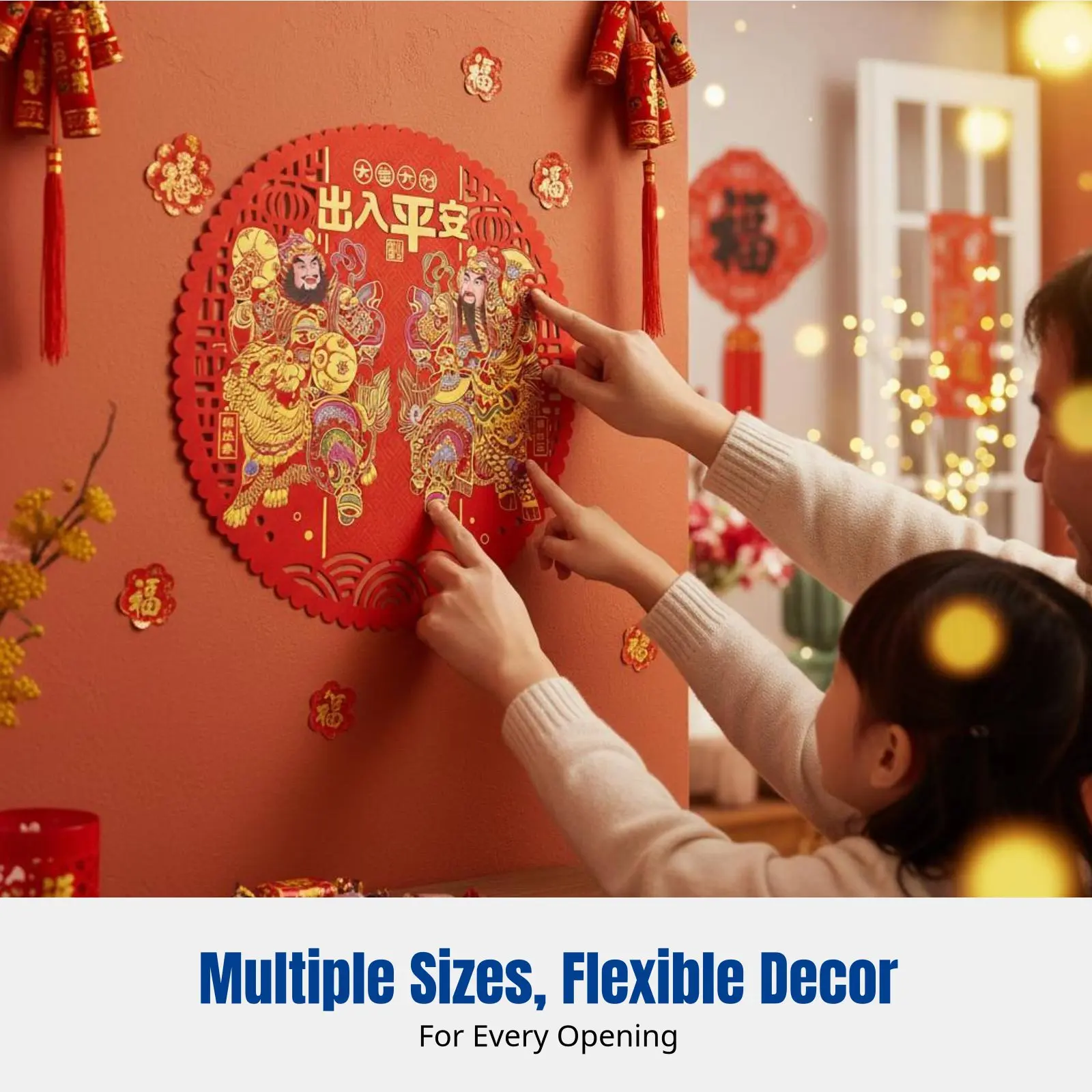 

Holiday Flocked Door Sticker, Adhesive Pane Decal, Door God Design, Qin Shubao & Yuchi Gong, Chinese New Year Home Decor