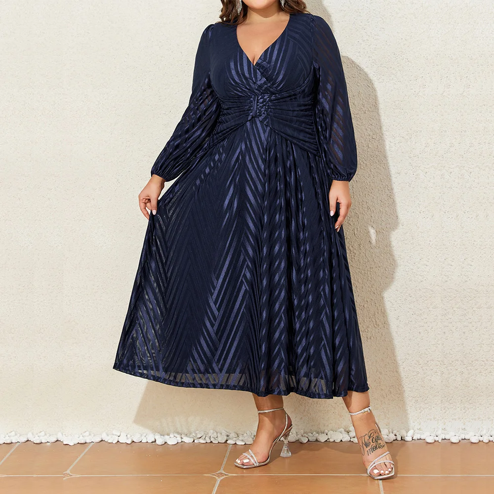 Women Plus Size 1XL-6XL Lantern Long Sleeved Autumn Winter Elegant Party Night Dress Solid Fashion V Neck Formal Evening Dresses