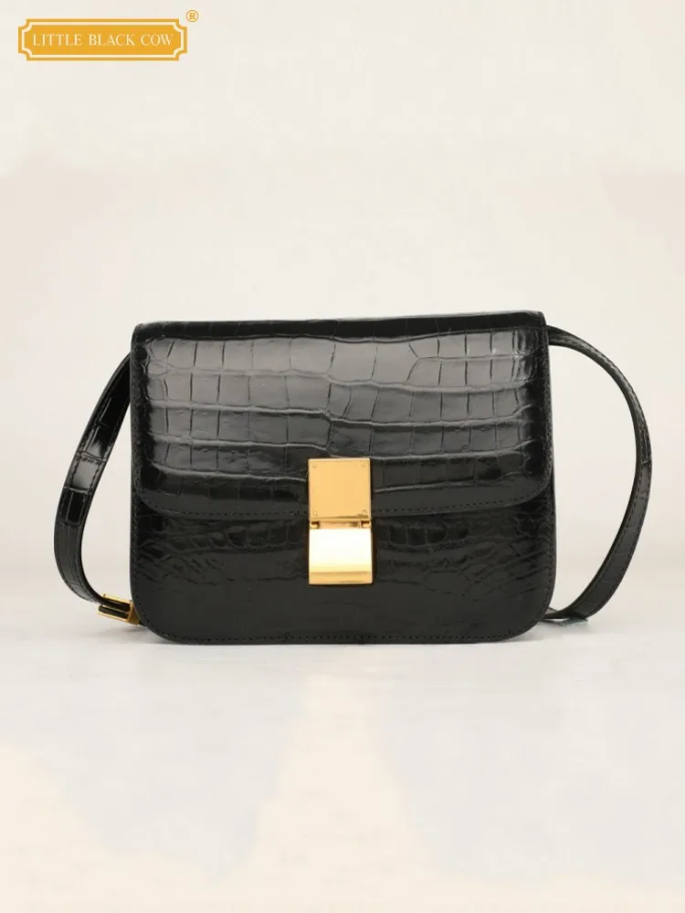

New Office Fashion Womens Black Flap Pocket Hasp Crocodile Leather Fashion Shoulder Female Elegant Casual Underarm Crossbody Bag