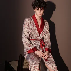 High Quality Satin Pajamas Suit Male Summer Men's Bathrobes Ice Silk Thin Sleepwear Male Long Sleeve Robes Four Seasons Yukata