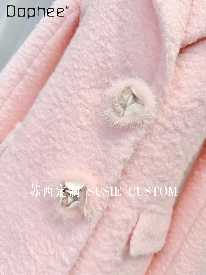 High-end Elegant Wool Coat Suit Collar Three-dimensional Fur Flower Buttons Mid-length Coat French Socialite Tweed Coat Thicken