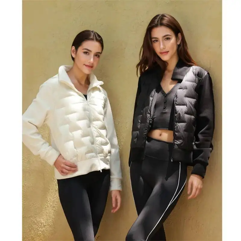 Femmes polaire courte doudoune hiver col montant Patchwork tricot fermeture éclair chaud mince doudoune, manteau décontracté