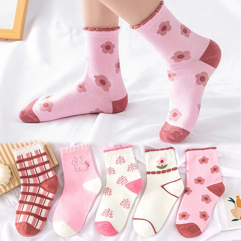 5Pairs/Set Cute Flower Baby Girl Socks Autumn Winter Cotton Kids Middle Tube Sock Pink Floral Print Children Casual Socks