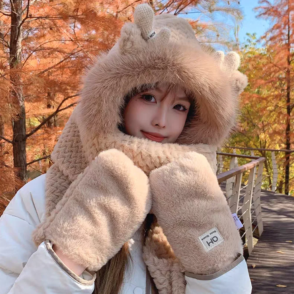 2024 Windproof Integrated Cap Scarf Warm Thickening Ear Protection Cap Antler Beanie Faux Fur Hat Scarf for Winter Outdoor Women