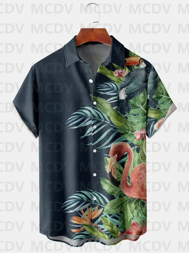 Mens Hawaiian Tropical Flamingo Print Lapel Loose Chest Pocket Short Sleeve Funky Aloha Shirts