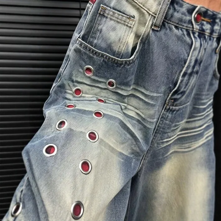 Washed Finish Wide Leg Pants Streetwear with Distressed Whiskering Cut Out Mid Rise Regular Thickness No Stretch Women Pants
