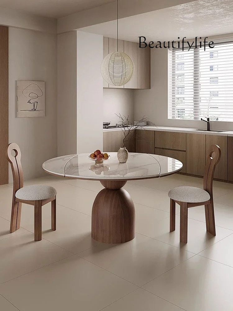 Medieval retractable rock slab round dining table  retro dual-purpose folding small apartment solid wood dining table and chairs