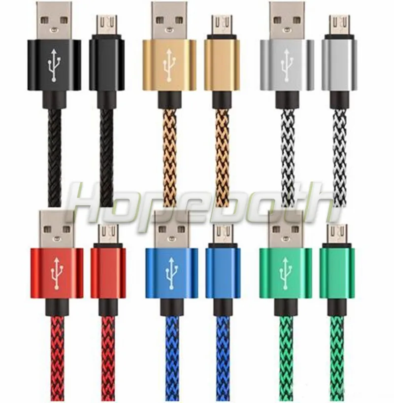 100Pcs 1M Metal Alloy Fabric Nylon Braided Micro Usb Cable Lead Charger Cord Accessory Bundles For Samsung Huawei Xiaomi Phone