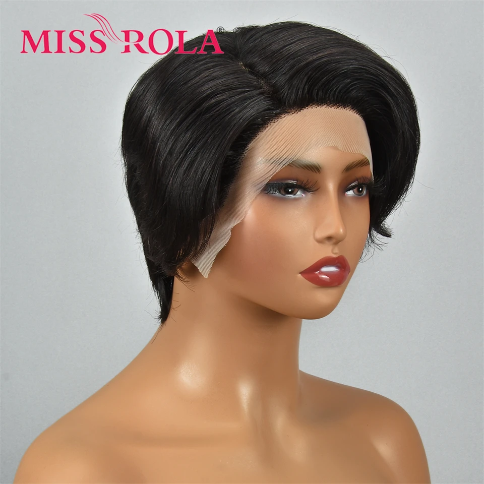 Miss Rola Brazilian Straight Pixie Cut Wigs 13X5X1 Lace Part Human Hair Wigs Remy Side Part Hair Wig Pre Plucked 180% Density