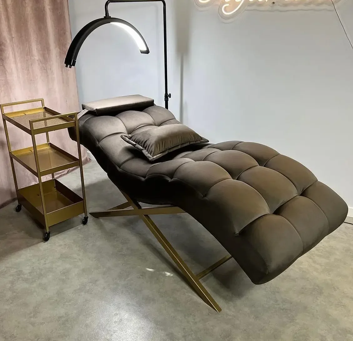 Modern New Design Salon Spa Furniture Gold Base Lash Bed Curved Beauty Salon Eyelash Bed Adjustable Lifting