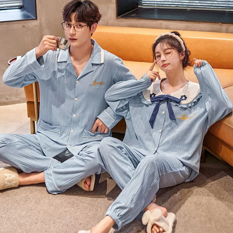 

Couple Pajamas Long Sleeves Pants Sleepwear Spring Autumn Women Loungewear Suit Men Oversize Loose Home Clothes Set Youth Nighty