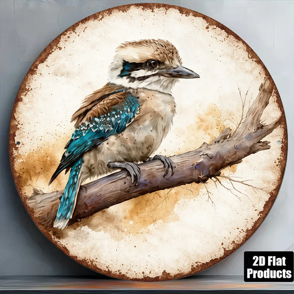 1pc 8*8In/20X20Cm 2D Flat Round Sign, Vintage Plaque about Kookaburras, Australian Bird Decoration Sign, Suitable for Bar Decora