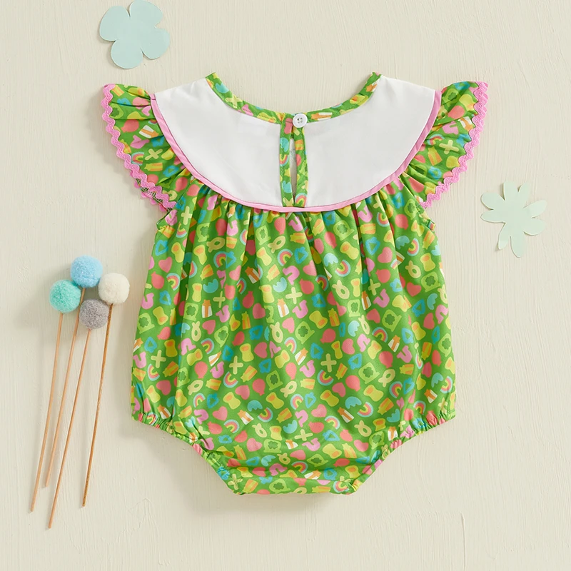 Sleeveless Floral Print Romper Round Neck Ruffle Trim Infant Bodysuit Summer Outfit for Baby Girls Daily Wear and Playtime