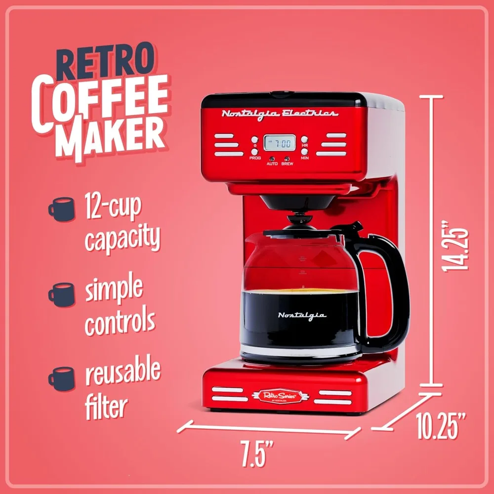 Retro programável cafeteira com display LED, desligamento automático, manter quente, pausar-e-servir função, vermelho, 12-Cup