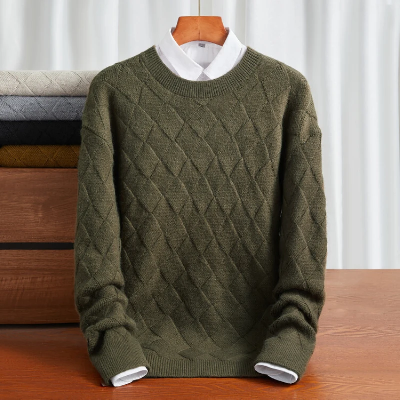 Solid Color Grid High-quality Men's Loose Casual O-neck Sweater Autumn and Winter Warm Bottoming Pullover Sweater.M-4XL