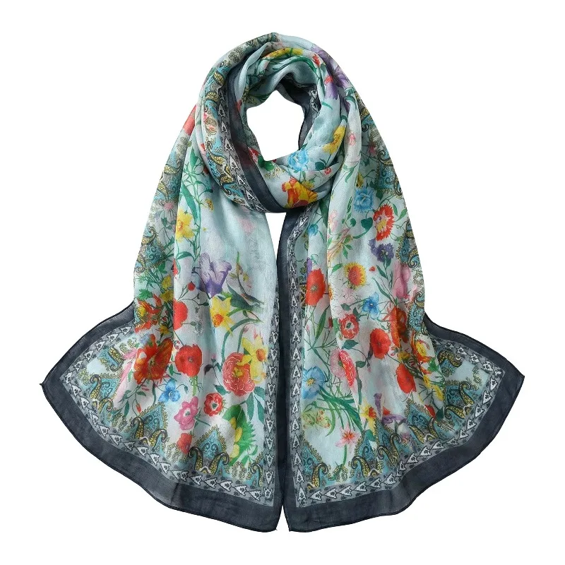 

Lightweight Large 100% Mulberry Silk Scarf for Women Oblong Shawl Neck Scarf Beach Wrap Headscarf Gift Pack Green Floral Print