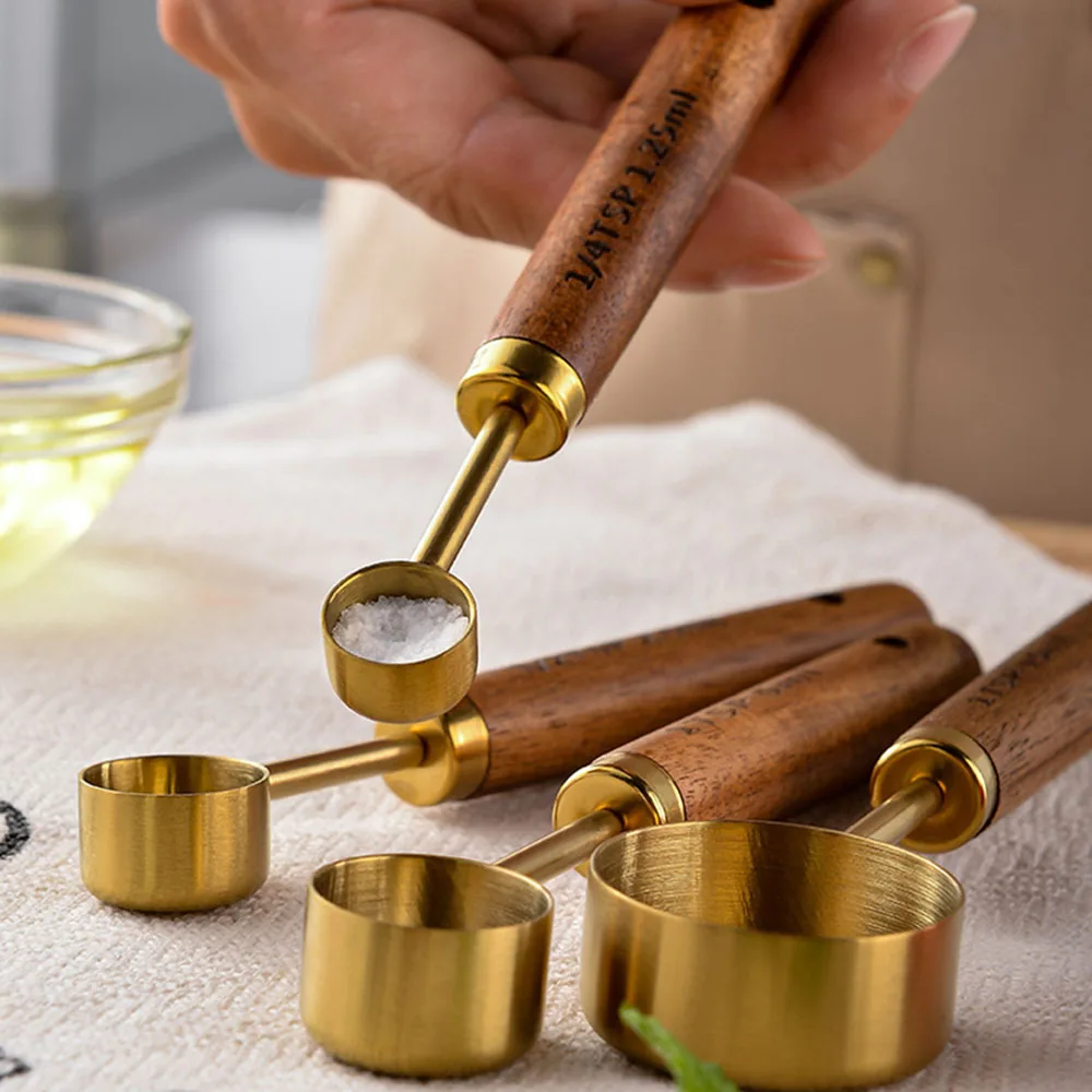 Picture 6: 4Pcs/Set Silver Wooden Handle Stainless Steel Measuring Spoons Baking Tools Coffee Bartending Scale Kitchen Accessories Set