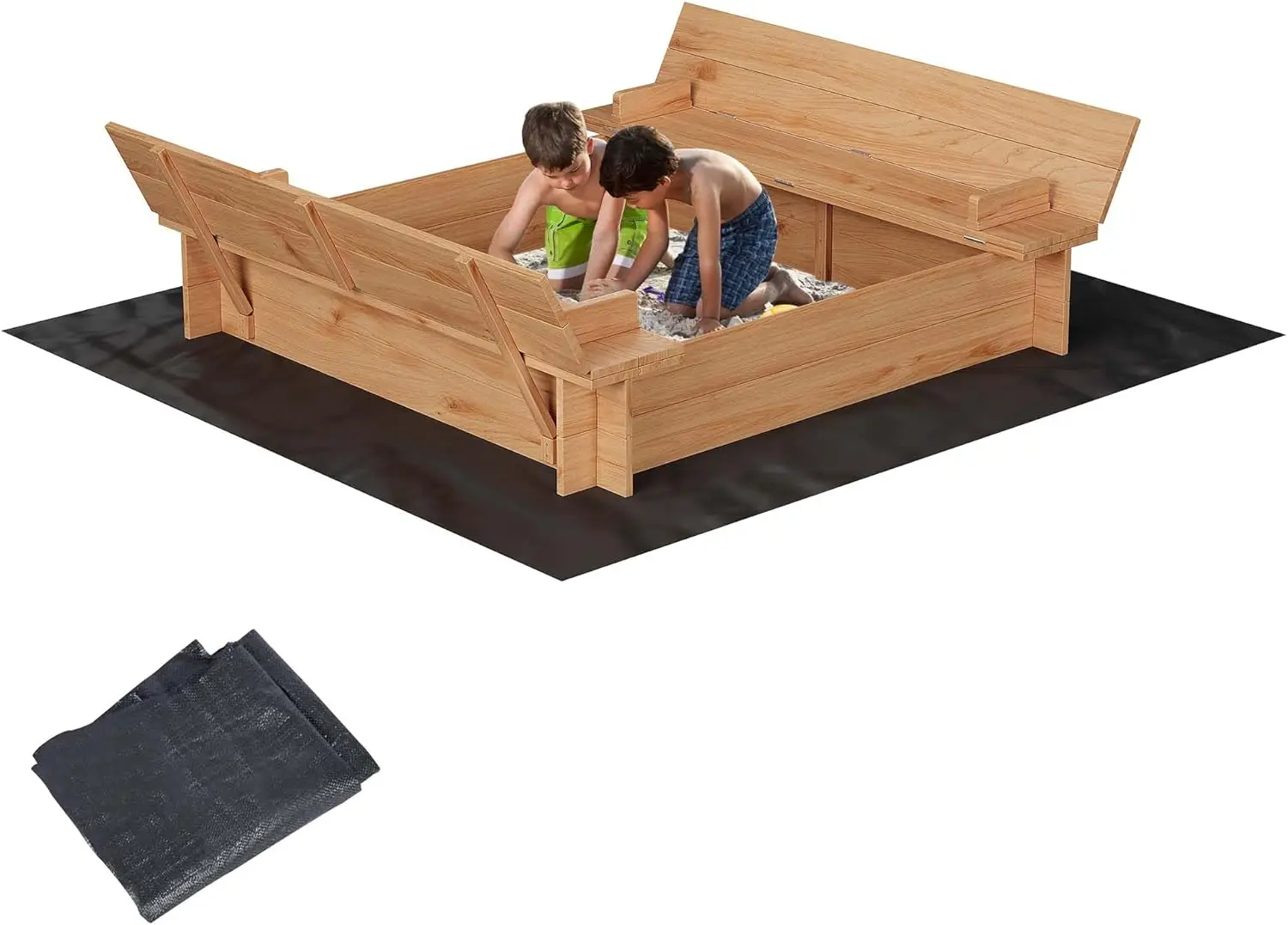 

Kids Wood Sandbox with Cover, Spacious Outdoor Play Area with 2 Bench Seats for Ages 3-8, Sand Boxes for Backyard Garden, Sand P