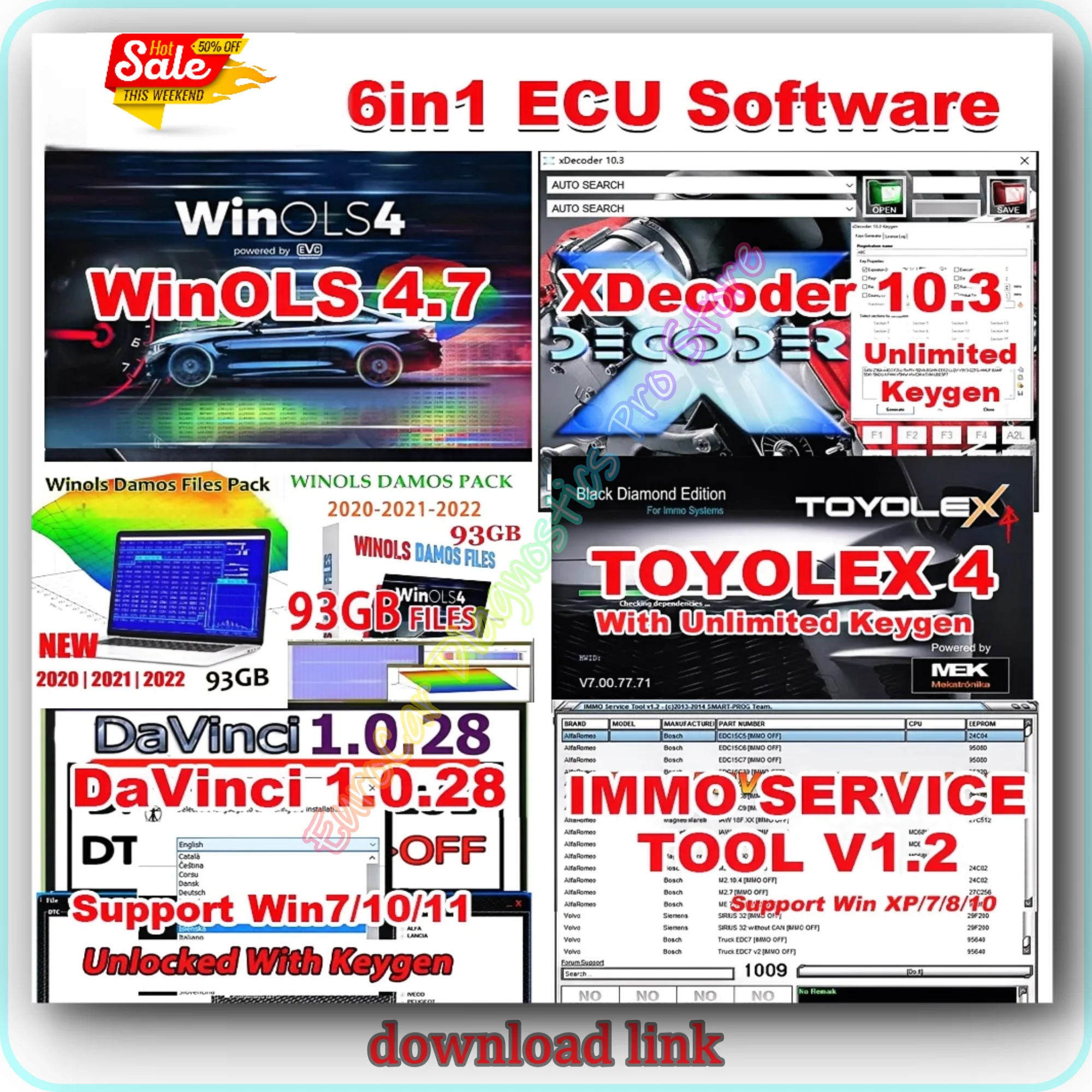 

6 IN 1 ECU Software WinOLS 4.7 +Damos XDecoder 10.3 TOYOLEX 4 DaVinci 1.0.28 IMMO SERVICE ​TOOL V1.2 Car Repair Software