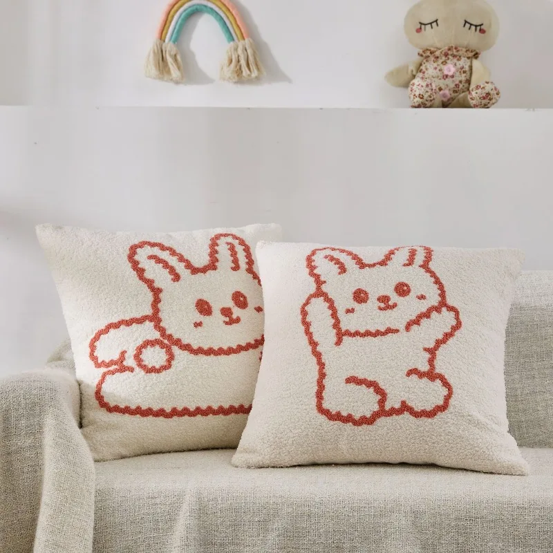 Cartoon Rabbit Teddy Plush Towel Embroidery Pillowcase Modern Minimalist Sofa Cushion Case Home Decor Pillow Cover