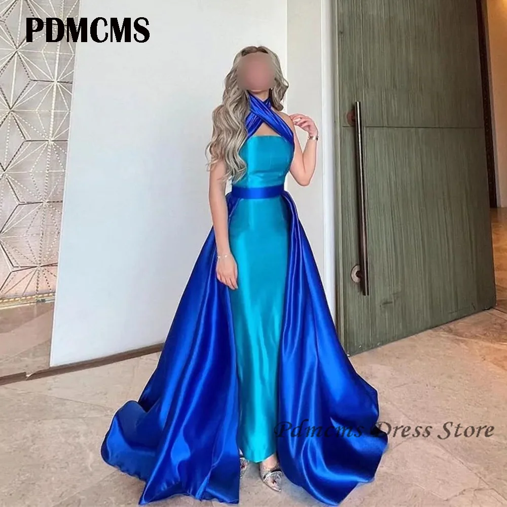 

PDMCMS Gorgeous Halter Evening Dress Saudi Arabia Prom Dresses Contrast Color Sweep Train Sleeveless Formal Women Party Gowns