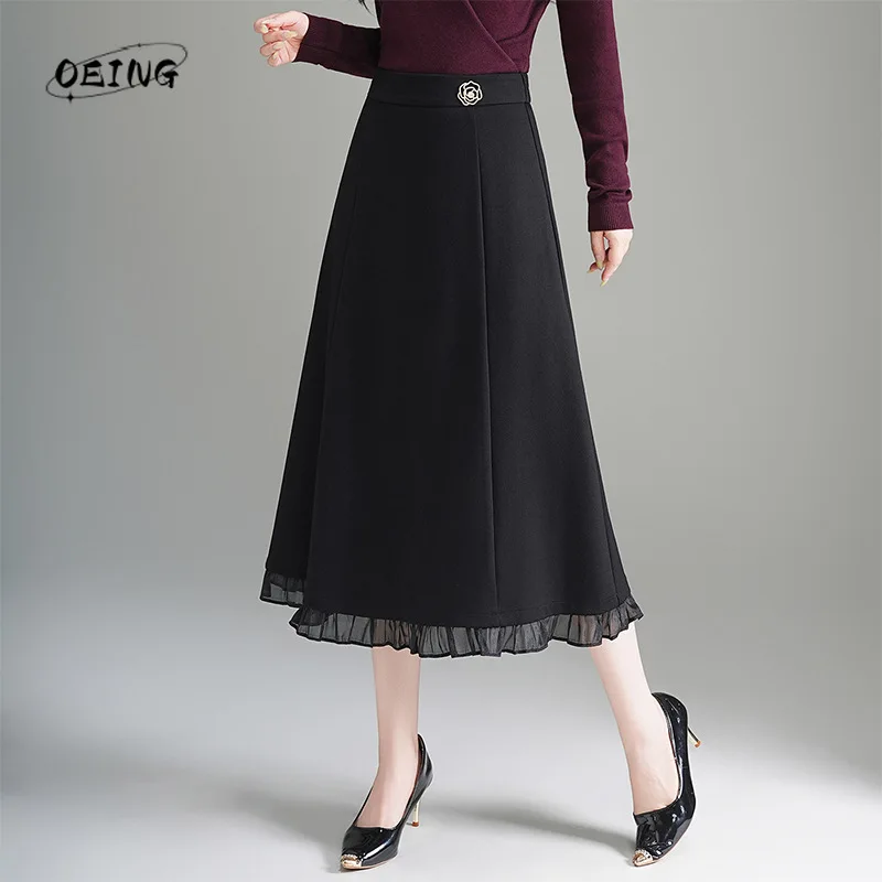 

Spliced Ruffles A-line Black Suit Skirt Women Spring Autumn Elegant Zipper Elastic High Waist Mid-long Skirts Office Lady 6320
