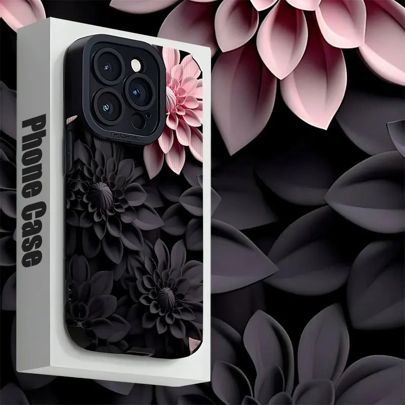 For Samsung S25 3D Pink Black Floral Shockproof Protective Design Compatible For Galaxy S25/S24/S23/S22/S21 and A Series Models