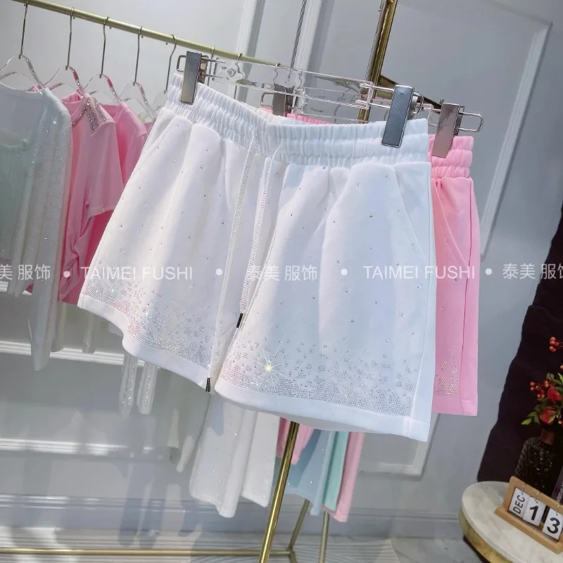 2024 Summer Design Heavy Embroidery Diamond Drills Shiny Wide Leg Slimming Shorts All-Matching High Quality Casual Short Pants