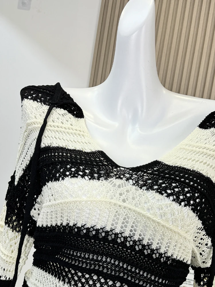 Autumn Winter Woman Vintage Hollow Out Y2k Cardigan Sweater Long Sleeve Striped Knitwears Crochet Top Chic Designer Pullovers