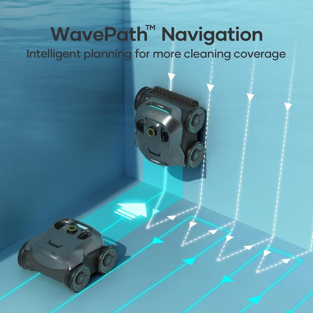 Cordless robot pool cleaner, WavePath navigation, wall climbing, four motors, 150 minutes running time