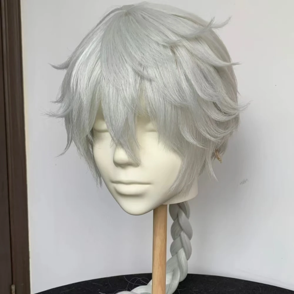 

Anime Nikolai Gogol Cosplay Wig Silvery White Braid Ponytail Heat resistant Synthetic Fiber Wig Rose Net Anime Party Cosplay Wig