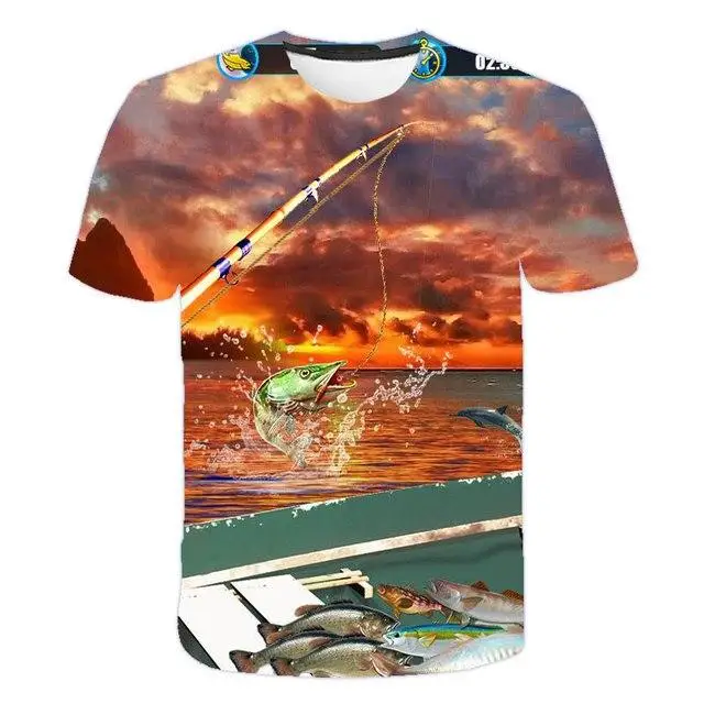 Herren 3D Big Bass Fish Fishing Print T-Shirt Outdoor Angeln Sport O-Ausschnitt Kurzarm Casual Sommer Streetwear T-Shirt – Detail 2