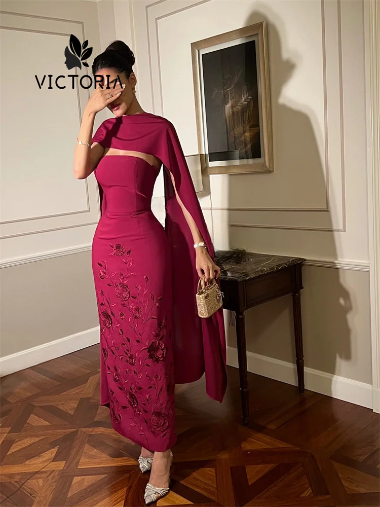 

Customized Red Embroidery Evening Dresses for Women Elegant Cape Square Collar Bespoke Party Prom Dresses Vestido De Fiesta