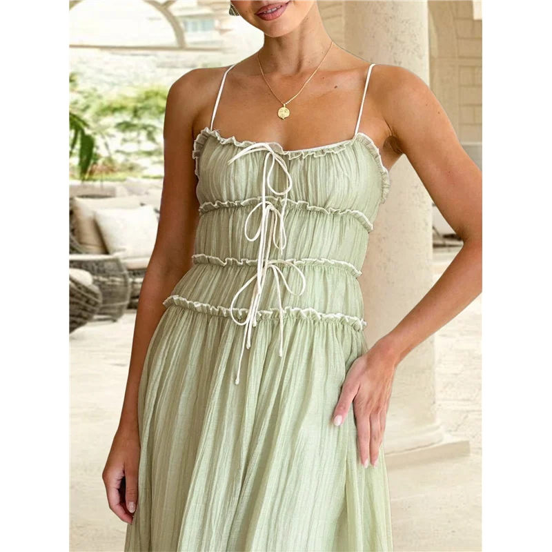 Abito estivo da donna 2025 Abito casual senza maniche con cinturino per spaghetti RIC Rac Trim Abito lungo da spiaggia con volant smock