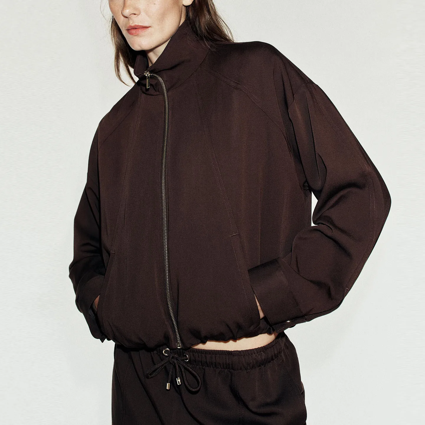 Women's Pilot Jacket Long Sleeve High Collar Zipper Flight Coat Wide Leg Pants Two Piece Set Fashionable Autumn Wear