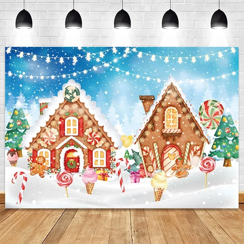 Fondo de fotografía de Casa de pan de jengibre de Navidad, decoración de fiesta de cumpleaños, casa de dulces, 210x150cm