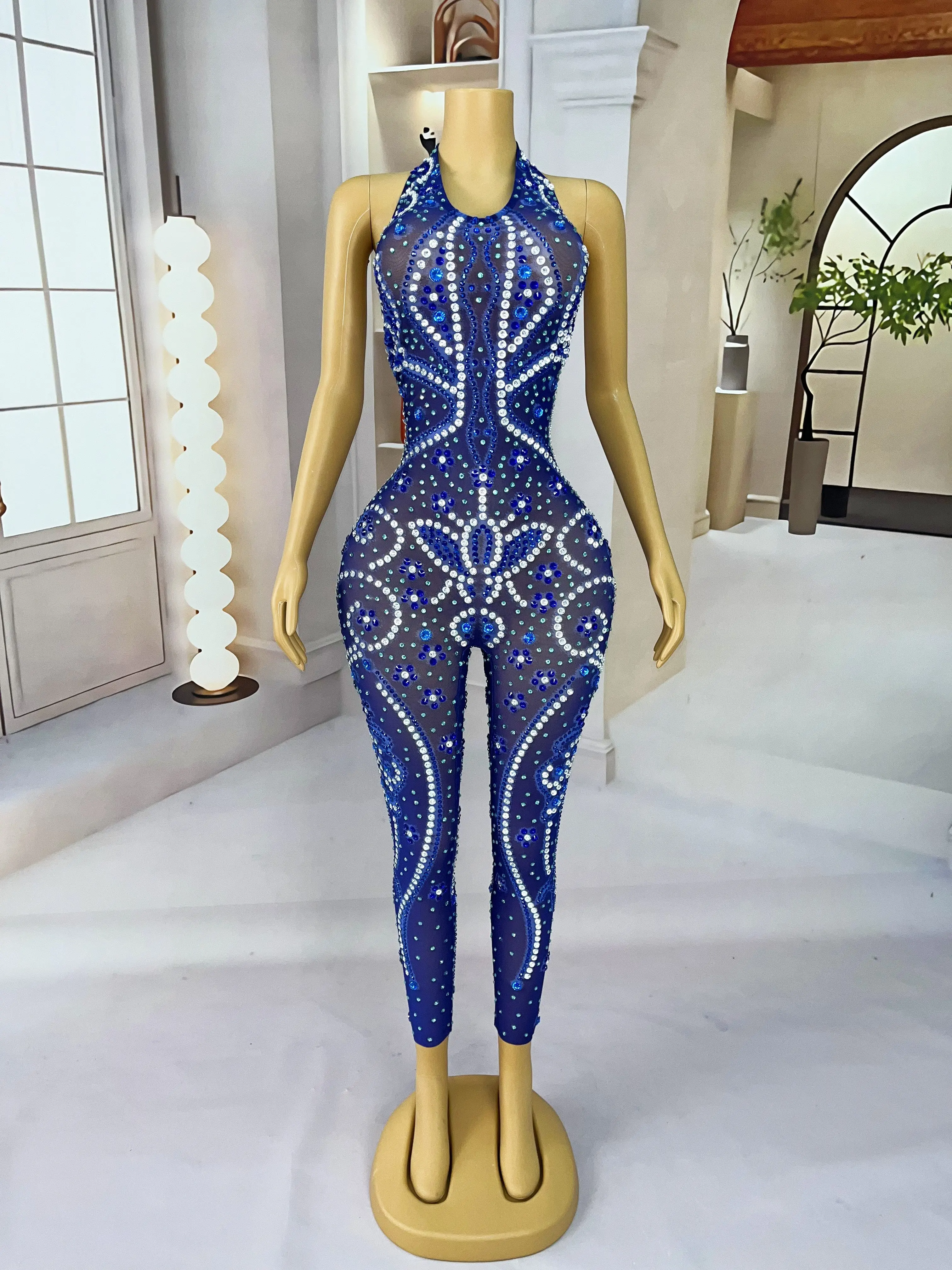 Special Perform Costumes Shining Blue Rhinestones Mesh BacklessJumpsuits Women Bar Party Singer Dancer Strech Bodysuit Hualianye