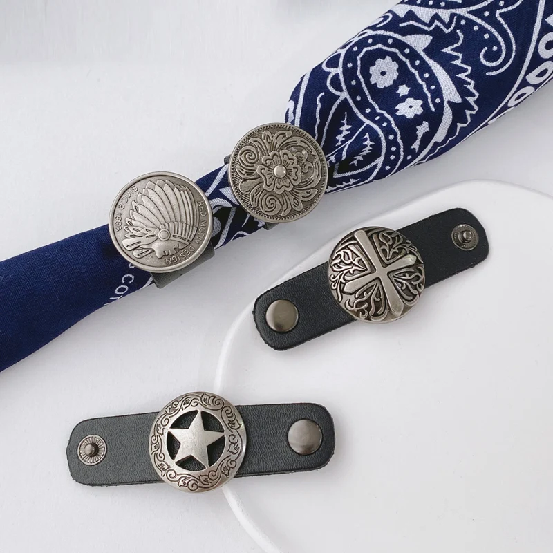 Artistic Cotton Square Scarf American Street Style Trendy Workwear Men's Decorative Necktie Small Scarf Silk Button Leather Ring