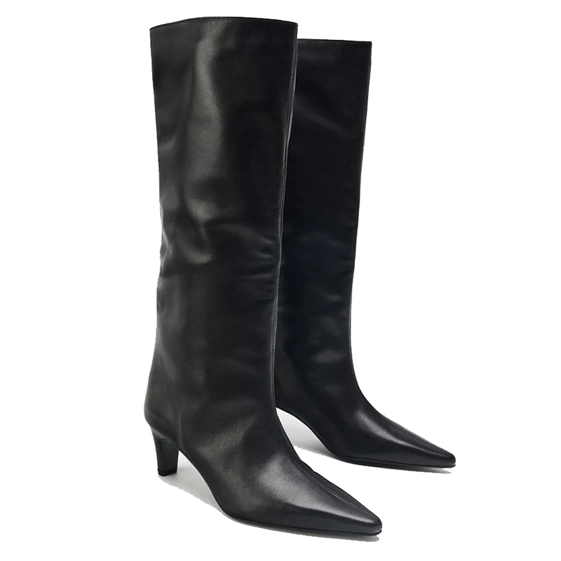 New Fashion Kitten Heels Boots Women Retro Pointed Toe Knee-High Boots Women Slip-On Long Tube Boots Women Party Botines Mujer