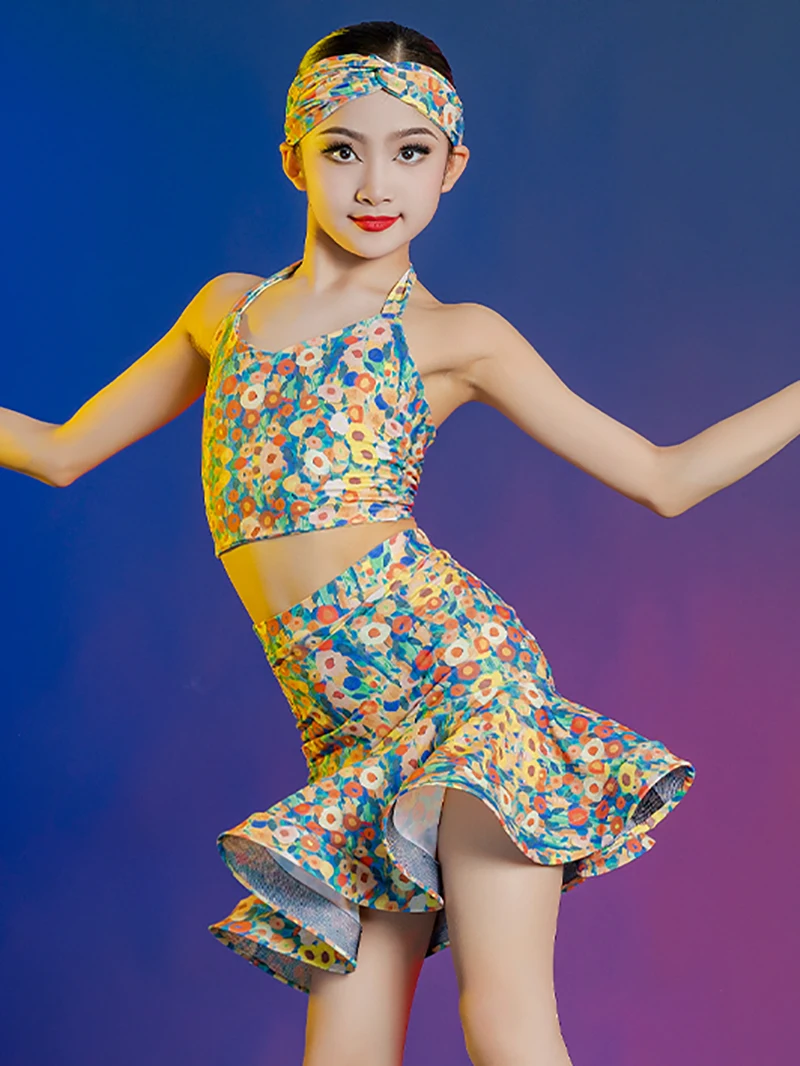 3pcs Children Latin Dancewear Kids Girls Training Printed Halter Dance Top and Skirt Ballroom Rumba Samba Performance Costume