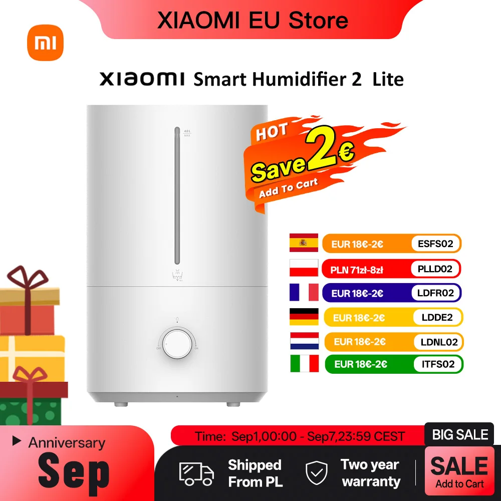 Image of XIAOMI Luftbefeuchter 2 Lite Luftbefeuchter mit Befeuchtung 300 ml/h, Wassertank mit 99,9 % antibakterieller Wirkungsgrad, 4 l Fassungsvermögen