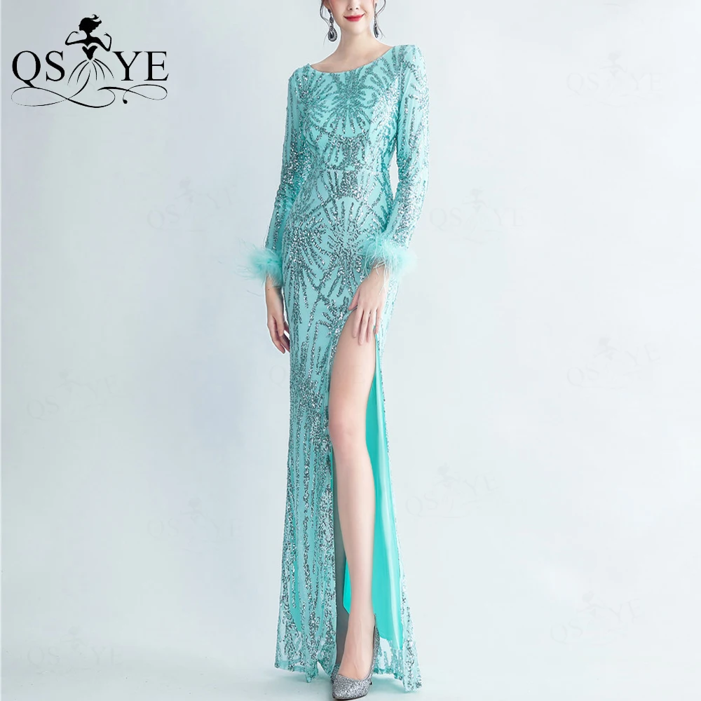 

Fairy Mint Sequin Evening Dresses Scoop Neck Ostrich Fur Long Sleeves Prom Gown Sequined Pattern Left Split Elegant Party Dress