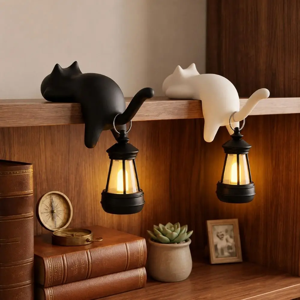 3D Printed Cat-Shaped Wall Hook Inverted Hanging Cute Wall Key Rack with Lantern Funny Wall Hanger Ornaments Desktop Decor