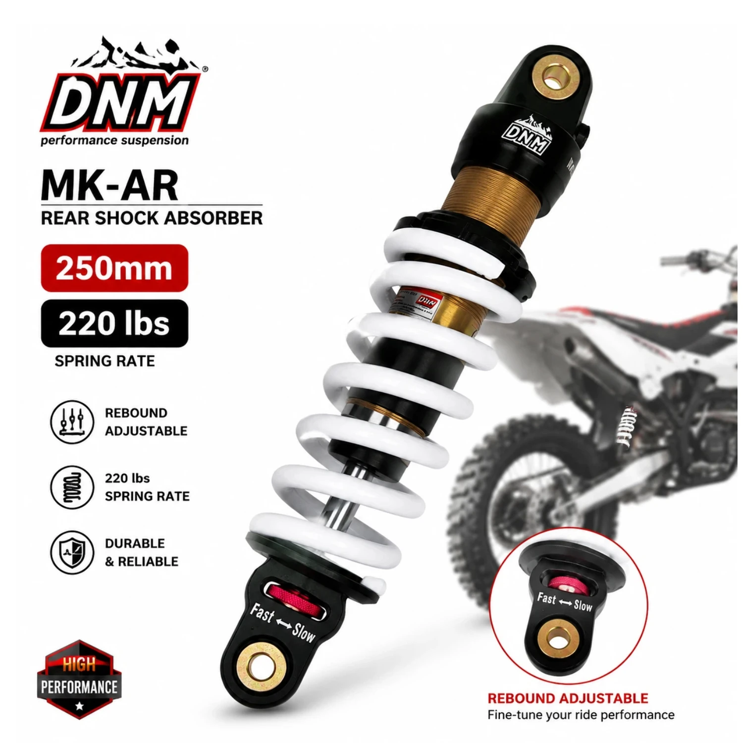 DNM Shock MK-AR 250mm Hydraulic Spring Rear Shock Absorber with Damping Adjustment 220lbs Compatible For Children Pit Dirt Bikes